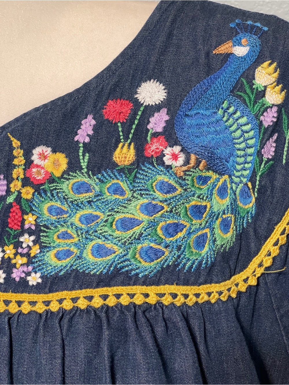 Go Softly Blue Chambray Embroidered Patio Dress Peacock Floral Prairie Boho XL - Picture 5 of 8